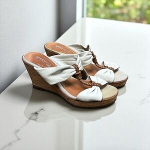 Sperry Topsider Leather Bow Cork Wedge in Cream/Brown Size 7